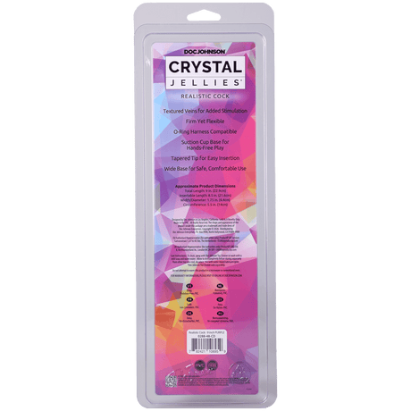 Crystal Jellies Realistic Cock 9 Inch Purple product packaging, featuring textured design and product details.