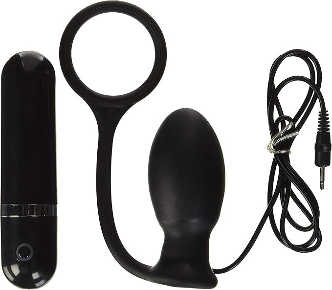 Mack Tuff Vibrating Butt Thriller Anal Plug Black set with remote control and cord for enhanced stimulation.