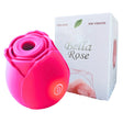 Bella Rose Shape Suction Mini Vibrator Pink next to its elegant packaging, featuring a flower design.