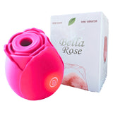 Bella Rose Shape Suction Mini Vibrator Pink next to its elegant packaging, featuring a flower design.