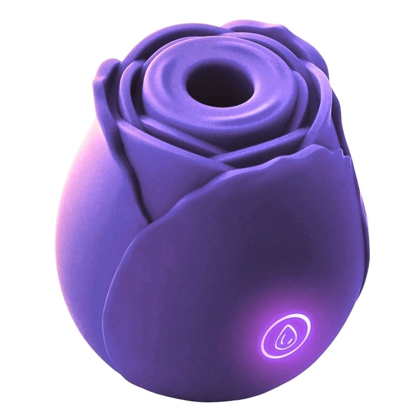 Bella Rose Shaped Suction Vibrator Purple, elegant rose-shaped clitoral stimulator in purple with glowing button.