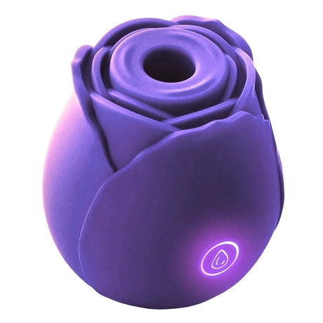 Bella Rose Shaped Suction Vibrator Purple, elegant rose-shaped clitoral stimulator in purple with glowing button.