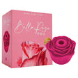 Bella Rose Pro Clitoral Rose Vibrator in pink packaging showcasing rose-shaped design and features.