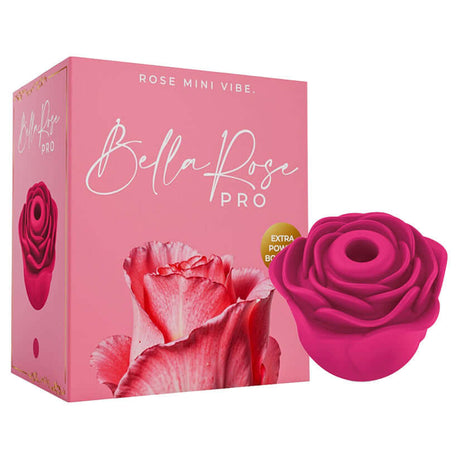 Bella Rose Pro Clitoral Rose Vibrator in pink packaging showcasing rose-shaped design and features.
