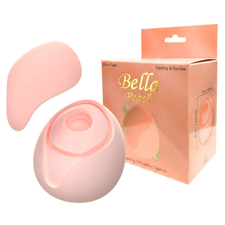 Bella Peach Silicone Clitoral Vibrator and its peach-shaped packaging for playful pleasure.