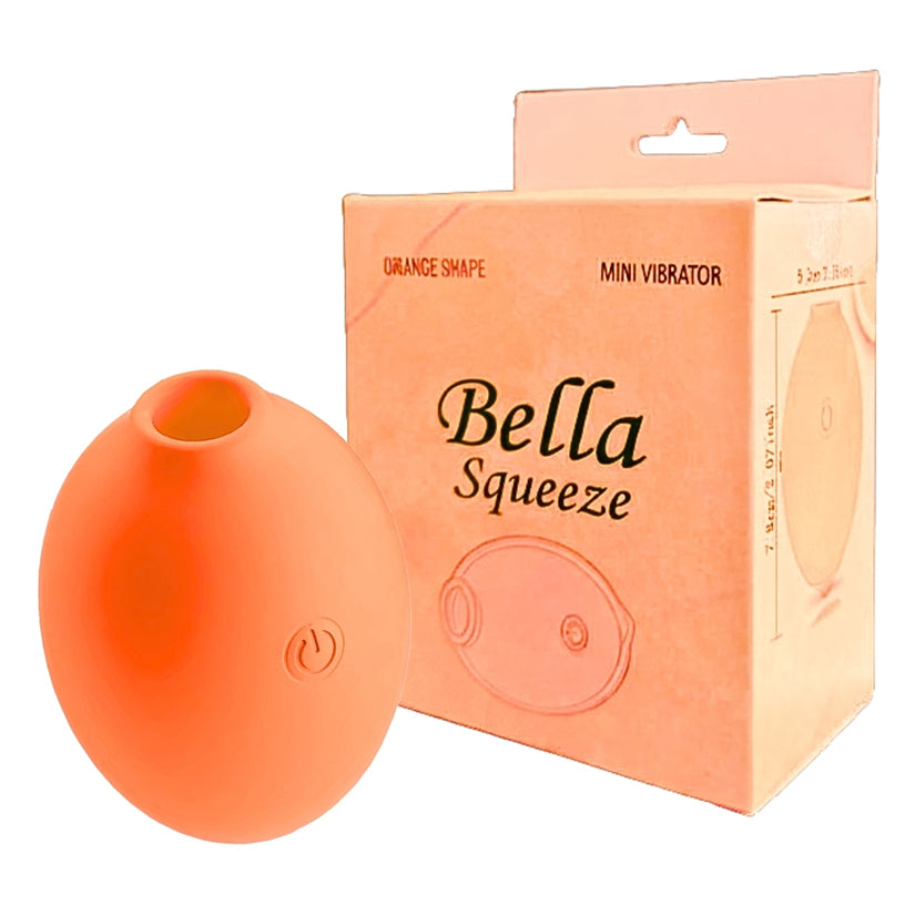 Bella Squeeze Orange Shaped Mini Vibrator displayed with packaging, showcasing its fruit-inspired design and compact size.