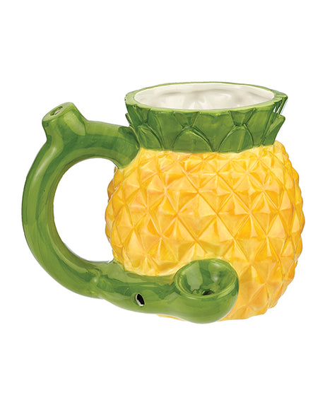 Fashioncraft Pineapple Ceramic Novelty Mug Pipe with vibrant yellow body and green handle, perfect for themed parties.