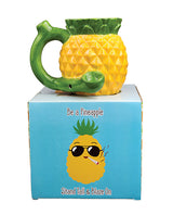 Fashioncraft Pineapple Ceramic Novelty Mug Pipe on display with fun box featuring pineapple graphics.