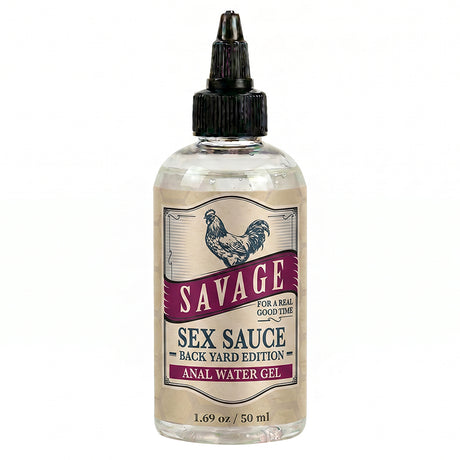 Savage Sex Sauce Backyard Edition Water Anal Gel 1.69 Oz bottle showing water-based anal glide for comfortable play.
