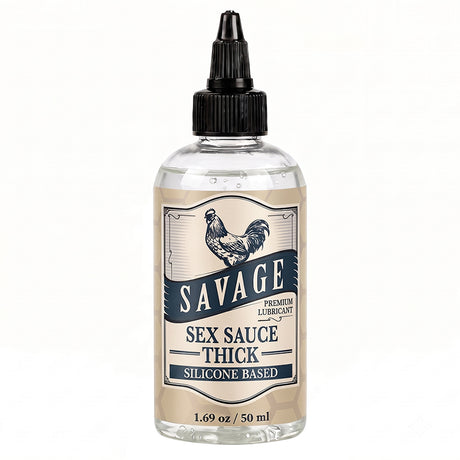 Savage Sex Sauce Thick 1.69oz Silicone Lubricant bottle against a white background.