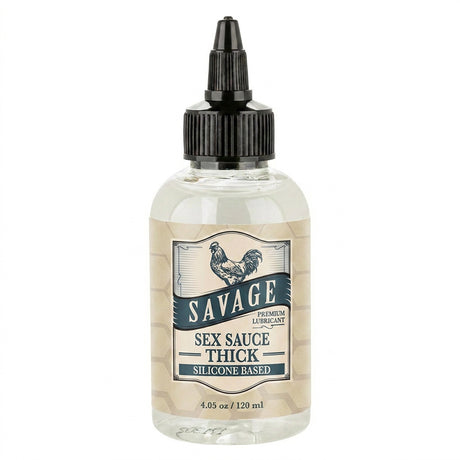 Savage Sex Sauce Thick Silicone Lubricant 4.05 Oz bottle with a sleek design, perfect for smooth and long-lasting lubrication.