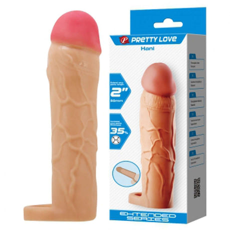 Pretty Love Hani Extended Penis Sleeve Light displayed with packaging, showcasing the realistic design and texture.