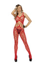 Elegant Moments Heart Net Bodystocking With Open Crotch Red displayed on model, showcasing heart-patterned net from shoulders to toes.
