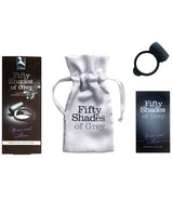 Fifty Shades of Grey Yours and Mine Vibrating Love Ring packaging, pouch, and product showcase.