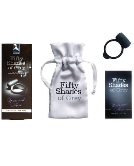 Fifty Shades of Grey Yours and Mine Vibrating Love Ring packaging, pouch, and product showcase.