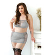 Curve Layne Lace Bralette Garter Set Gray 3X 4X featuring a model in a gray lace panel bralette, gartered skirt, and g-string panty.