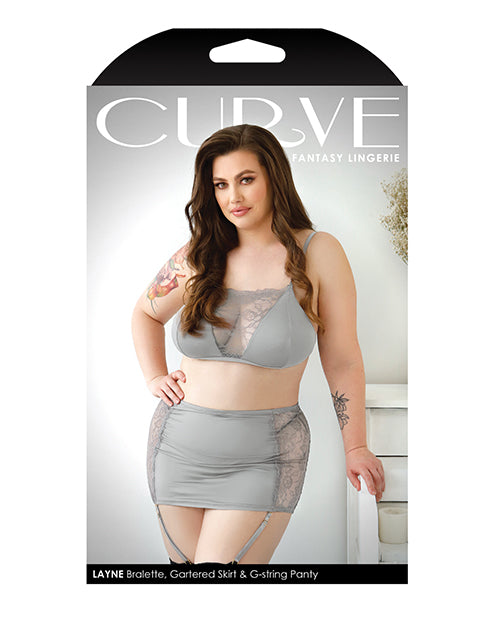 Curve Layne Lace Bralette Garter Set Gray 3X 4X displayed on model in packaging
