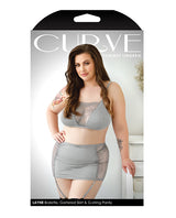 Curve Layne Lace Bralette Garter Set Gray 3X 4X displayed on model in packaging