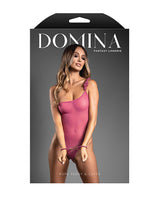 Domina One-Shoulder Sheer Mesh Teddy Rope Cuffs Pink S M packaging with model, showcasing daring lingerie design.