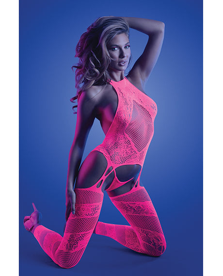 Glow Captivating Halter Bodystocking & G-String Neon Pink OS showcased on a model under UV light.