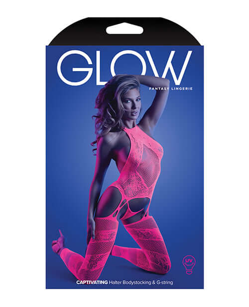 Glow Captivating Halter Bodystocking & G-String Neon Pink OS packaging display on a blue background.