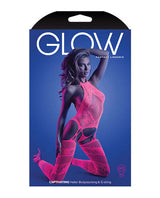 Glow Captivating Halter Bodystocking & G-String Neon Pink OS packaging display on a blue background.