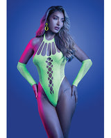 Glow UV Reactive Rhinestone Studded Teddy Set Neon Green OS worn by a model, showcasing its vibrant neon green color and rhinestone details.