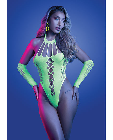 Glow UV Reactive Rhinestone Studded Teddy Set Neon Green OS worn by a model, showcasing its vibrant neon green color and rhinestone details.