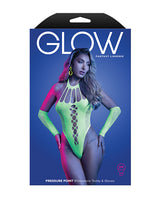 Glow UV Reactive Rhinestone Studded Teddy Set Neon Green OS with matching gloves showcased in vibrant packaging.