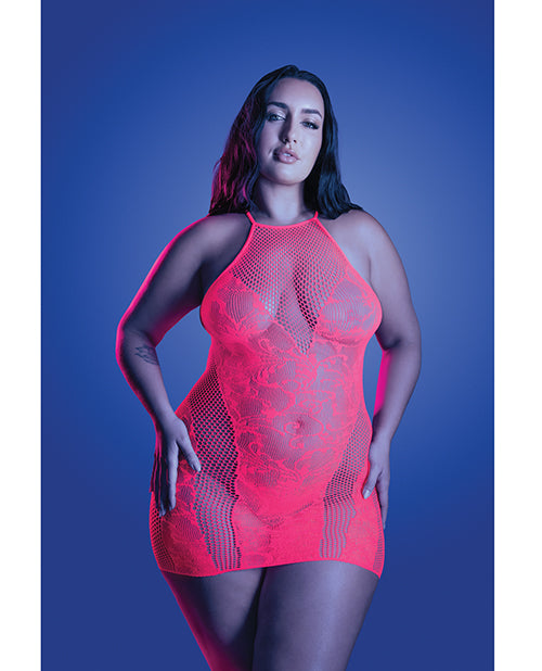 Back It Up Fishnet Halter Dress Floral Knit Neon Pink