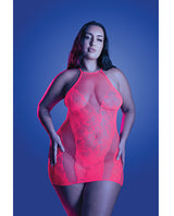 Back It Up Fishnet Halter Dress Floral Knit Neon Pink