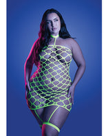 Glow Warning Sign Gartered Fishnet Dress Neon Green