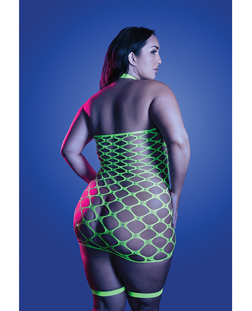 Glow Warning Sign Gartered Fishnet Dress Neon Green - Image 3