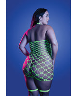 Glow Warning Sign Gartered Fishnet Dress Neon Green - Image 3
