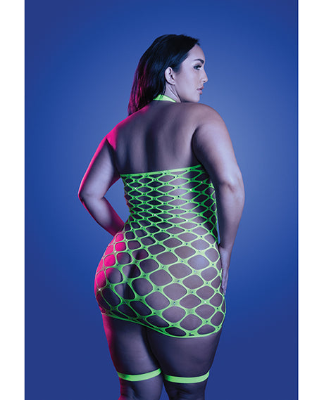 Glow Warning Sign Gartered Fishnet Dress Neon Green - Image 3