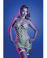 Glow Warning Sign Rhinestone Fishnet Dress Neon Green