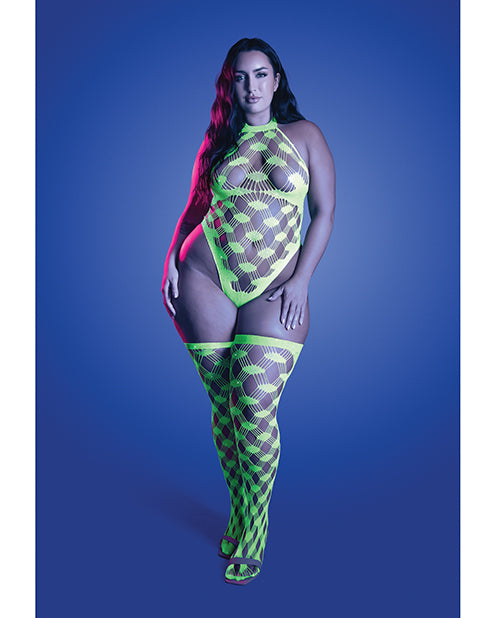 Glow Halter Teddy & Stockings Fishnet Neon Green Queen