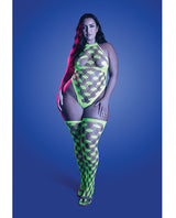 Glow Halter Teddy & Stockings Fishnet Neon Green Queen