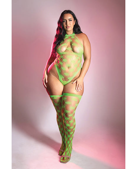 Glow Halter Teddy & Stockings Fishnet Neon Green Queen - Image 2