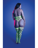 Glow Halter Teddy & Stockings Fishnet Neon Green Queen - Image 3