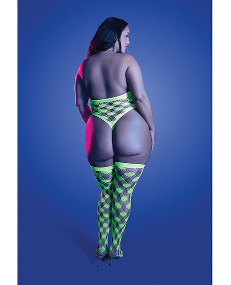 Glow Halter Teddy & Stockings Fishnet Neon Green Queen - Image 3