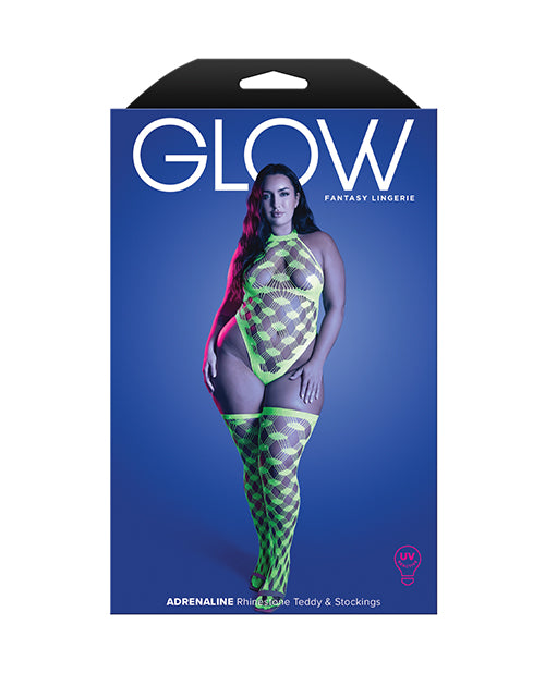 Glow Halter Teddy & Stockings Fishnet Neon Green Queen - Image 5