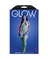 Glow Halter Teddy & Stockings Fishnet Neon Green Queen - Image 5