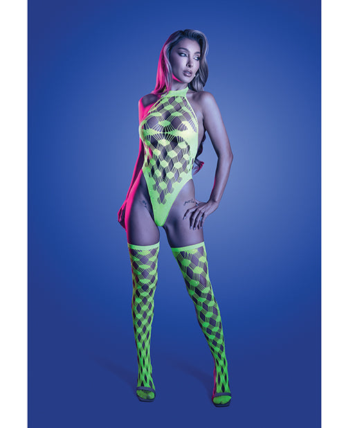 Glow Adrenaline Halter Teddy & Stockings Neon Green