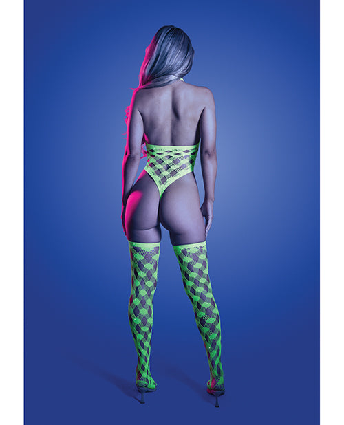 Glow Adrenaline Halter Teddy & Stockings Neon Green - Image 3