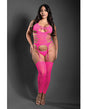Sheer Sweet Revelation Halter Bodystocking Neon Pink worn by model, featuring bold cut-outs and matching g-string.