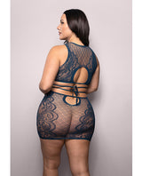 Vixen Floral Lace Knit Tie Back Top Set Navy Queen Size showcased on a model, highlighting the back design and fit.