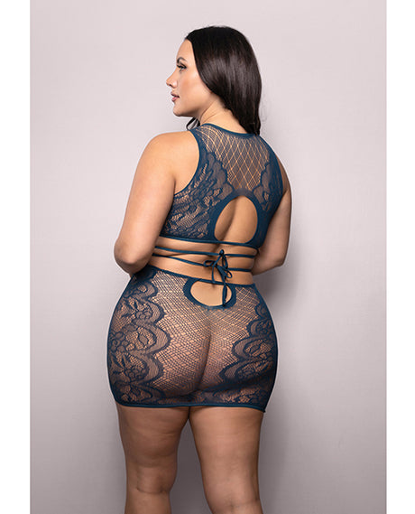 Vixen Floral Lace Knit Tie Back Top Set Navy Queen Size showcased on a model, highlighting the back design and fit.