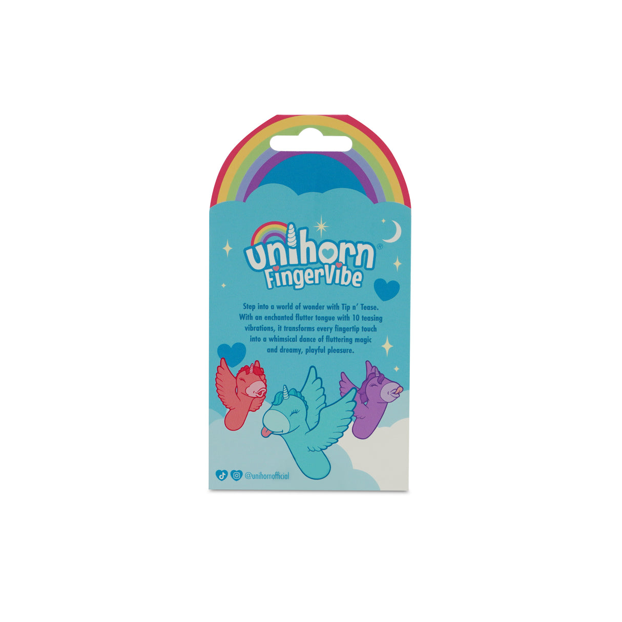 Unihorn Finger Vibe Tip N Tease Blue packaging featuring playful unicorn designs and vibrant colors.