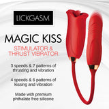 Magic Kiss Clitoral Stimulator Thrusting Vibrator Red featuring 3 speeds and 7 patterns of thrusting and vibration.